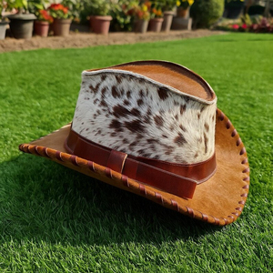 Sombrero de vaquero unisex hecho a mano de cuero con pelo, de alta calidad, con borde cosido a mano, para cosplay western, precio económico, OEM personalizado - Product Image 2