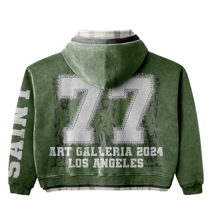 Sudadera con capucha verde con cremallera para hombre, de forro polar, informal, con estampado frontal y diseño de bolsillo - Product Image 2