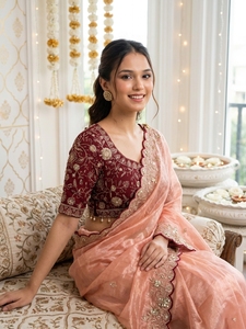 Elegante sari de seda rosa con blusa color granate para bodas, para mujeres de India y Pakistán. - Product Image 4