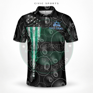 เสื้อโปโลบิลเลียดคุณภาพสูงสำหรับทุกเพศ แขนสั้น พิมพ์ลายดิจิทัล ลายลูกบิลเลียด 8 ลูก แห้งเร็ว สไตล์สปอร์ต ผลิตจากโพลีเอสเตอร์ 100% - Product Image 3