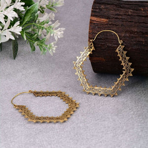 Handmade Gold <b>Hexagonal</b> Hoop Earrings Intricate Filigree Cutout Ethnic Tribal Boho Statement Jewelry Wholesale - Product Image 5