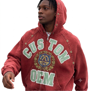 Premium Oversized Cotton Acid Wash Zip Hoodie Custom Graphic Embroidered Streetwear Fashion Hoodie - Product Image 2