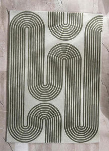 Tapis en laine de Nouvelle-Zélande tufté à la main, design géométrique mi-siècle vert olive et blanc, tapis fait main pour salon - Product Image 3