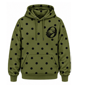 Sweat à capuche décontracté en molleton vert olive à pois noirs pour femme avec cordon de serrage et poche kangourou, style streetwear - Product Image 1