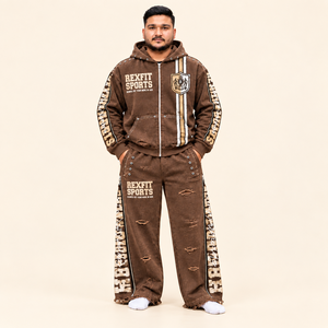 Rexfit sports 2026 Custom Custom <b>Men</b>’s <b>Brown</b> Distressed Tracksuit Zip Up <b>Hoodie</b> and Wide Leg Pants with Graphic Side - Product Image 3