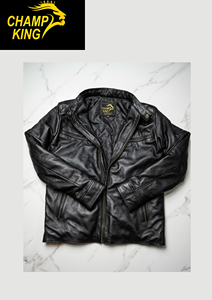 CHAMP KING เสื้อแจ็คเก็ตหนังสีดำสำหรับผู้ชาย ปกพับลงได้ ปิดด้วยซิป - Product Image 2