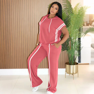 Conjunto Deportivo de Dos Piezas Estilo Europeo Americano ZHEZHE para Mujer, Camiseta con Capucha y Pantalones Holgados con Diseño a Rayas, Traje Casual de Verano - Product Image 2