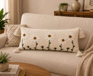 Handmade Eco-Friendly Cotton Daisy Floral Embroidery Lumbar Pillow Tufted Decorative <b>Cushion</b> <b>Tassels</b> Removable Washable - Product Image 1