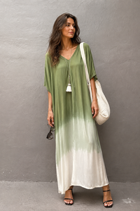 Vestido Maxi Kaftan Bohemio con Cuello en V y Tie Dye para Mujer, Corte Moderno, Cintura Natural, Ecológico, para Todas las Temporadas, Ropa de Playa y Resort - Product Image 6