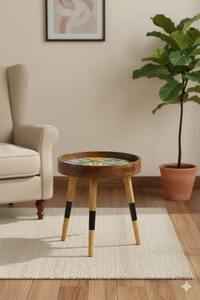 Table à manger ronde en faux bois avec impression dorée moderne pour petits espaces, finition naturelle, pour chambre à coucher, en provenance d'Inde - Product Image 2