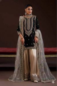 Vestido de Novia Tradicional Indio-Pakistaní de Seda para Mujer, Conjunto Bordado en Blanco y Negro, Corte Regular, Elástico, para Todas las Temporadas - Product Image 1