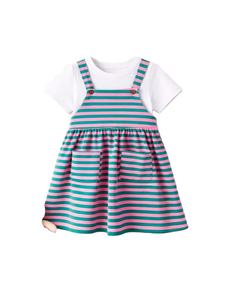 Girls' Set <b>White</b> T-<b>Shirt</b> Striped Suspender <b>Dress</b> with Buttoned Pockets Outdoor Casual Daily <b>Dress</b> Set for Girls made Bangladesh - Product Image 3