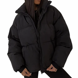 Black Hooded Puffer Jacket Zipper Closure <b>Thick</b> <b>Winter</b> <b>Coat</b> Unisex Casual Style Solid Color Polyester Wadding Loose Fit - Product Image 1