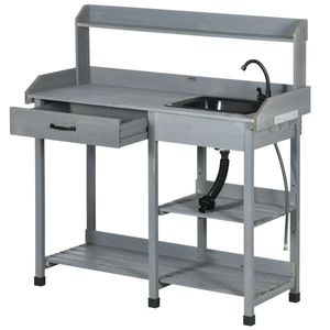 Tavolo da Giardino Grigio con Lavello Rimovibile e Rubinetto per Hotel, Centri Commerciali, Parchi, Patii - Materiali Durevoli in Acciaio, Rattan e Legno - Product Image 1