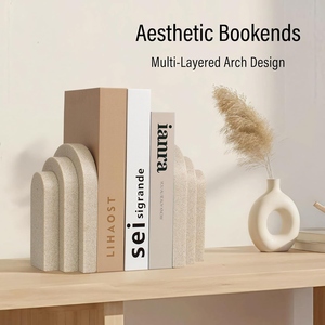 Geometric Sculptural Bookends Set Of 2 Beige Curve Shape Minimalist Design Resin Bookends - Product Image 6