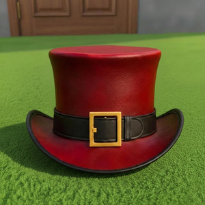 Handmade Red Leather Top <b>Hat</b> with Buckle <b>Band</b>, Steampunk Gothic Festival Costume Style - Product Image 1