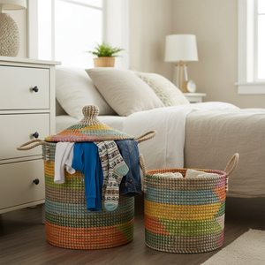 Handmade Colorful Coiled Seagrass <b>Basket</b> <b>with</b> <b>Lid</b> for Laundry Storage Closet Decor Eco-Friendly Organizer Bin - Product Image 3