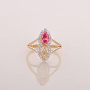 Anillo de compromiso de doble halo con diamantes cultivados en laboratorio en forma de pera, color rosa y champán, en oro amarillo de 14 quilates, anillo de promesa de dos piedras para boda - Product Image 1