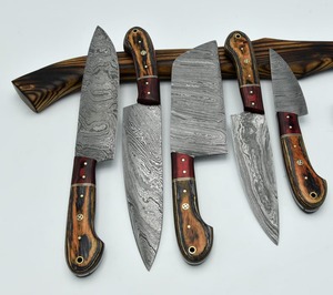 Damascus Steel Kitchen <b>Knife</b> <b>Set</b> 5-Piece Wooden Handle Hand Forged Chef <b>Knives</b> Traditional Style - Product Image 4