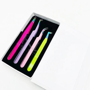 Pinzas de extensión de pestañas de acero inoxidable con 4 colores diferentes de recubrimiento en polvo y punta multicolor de plasma, puntas regulares. - Product Image 6