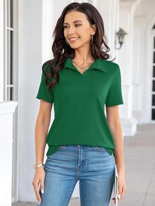 Polo à manches courtes vert uni pour femme, tricoté, respirant, décontracté - Product Image 2