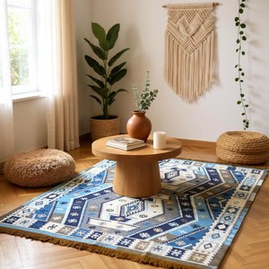 Tapis de salon marocain géométrique Kilim fait main, rectangulaire, en laine et acrylique, à poils moyens, avec envers antidérapant en latex, écologique - Product Image 4