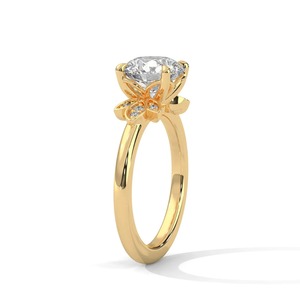 Anillo de compromiso floral de oro amarillo de 14 quilates con diamante redondo cultivado en laboratorio y detalles laterales de hoja, anillo solitario de diamante para mujer - Product Image 4