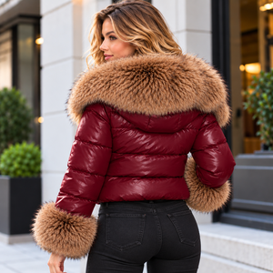 Chaqueta Acolchada de Invierno para Mujer, Color Borgoña, Estilo Motociclista, con Ribete de Piel de Zorro, Cierre de Cremallera, Transpirable y Elegante para Clima Frío - Product Image 3