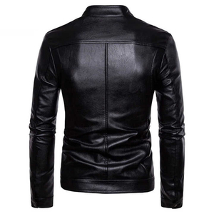 Men's Black PU Leather <b>Jacket</b> Stand Collar Zipper Closure Moto Biker Style <b>Slim</b> <b>Fit</b> Autumn Solid Color Regular Sleeve - Product Image 2