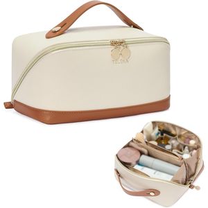 Grande trousse de maquillage en cuir avec poignée, étui de voyage portable pour cosmétiques, étanche, avec séparateur ouvert pour femmes - Product Image 1