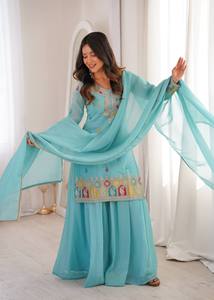Conjunto Indio-Pakistaní de Seda Bordada en Turquesa para Mujer, Kurta, Palazzo, Dupatta, Traje Tradicional para Fiesta o Boda - Product Image 3