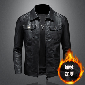 Chaqueta de cuero para motocicleta para hombre, bolsillo de talla grande, cremallera negra, solapa, ajustada, abrigo de Pu de alta calidad para primavera y otoño para hombre, 2017 - Product Image 2