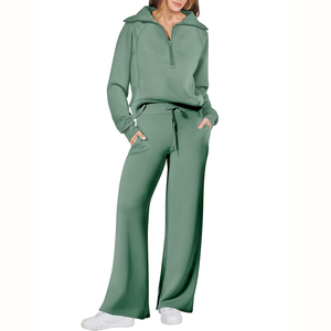 Women's Sky Blue Half-<b>Zip</b> Tracksuit Set Full Sleeve Loose Fit Solid Color Casual Sweatshirt With Drawstring Pants - Product Image 4