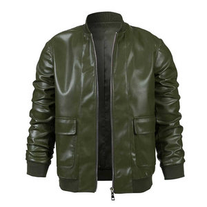 Blouson bomber en cuir PU vert olive pour homme, col montant, fermeture éclair, coupe ajustée, longueur standard, couleur unie, style moto - Product Image 6