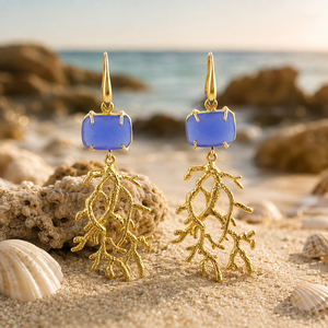 Wholesale Trending Jewelry 18k <b>Gold</b> Plated Brass Hook <b>Earring</b> Gemstone Blue Chalcedony Coral Branch Drop <b>Earring</b> Claw Setting - Product Image 5