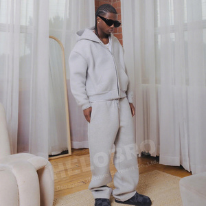 Custom Fleece Hoodie Set Stacked Pants <b>Flare</b> Unisex Wholesale Fleece Hoodie Set Custom Zip up Hoodie with Zip - Product Image 2