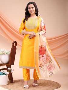 Embroidered Indian <b>Kurta</b> Pant Set Floral Printed Dupatta <b>Women</b> Ethnic Wear Bride Wedding Festival Outfit - Product Image 5