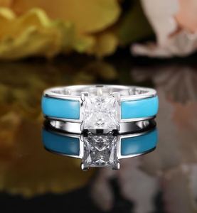 Bague de fiançailles en moissanite taille princesse en or blanc, style Art Déco, émail bleu, sertie à griffes, vintage, pour anniversaire, cadeau pour femme - Product Image 1