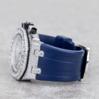 Montre-bracelet de luxe personnalisée en quartz avec moissanite VVS, cadran rond en verre bleu 20 mm, bracelet en caoutchouc, style Hip Hop, cadeau de créateur de mode