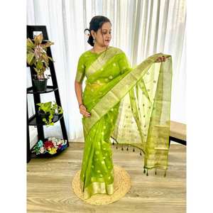 ชุดผ้าแพรไหมออร์แกนซ่าสีทองผ้าโปร่งบางสำหรับใส่ทำงานส่าหรีเสื้อสีเขียวนกแก้ว - Product Image 1