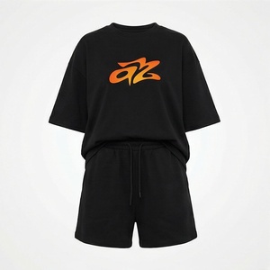 Ensemble 2 pièces pour femme en coton noir, t-shirt et short, avec imprimé lettres orange, coupe ample, décontracté, pour le printemps et l'été - Product Image 1