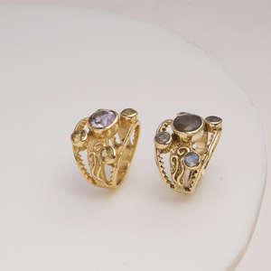 Natural Amethyst and Peridot <b>Moon</b> Shape Modern <b>Ring</b> Brass Gold Plated Handmade Multi Gemstone Designer for Women Wholesale - Product Image 3