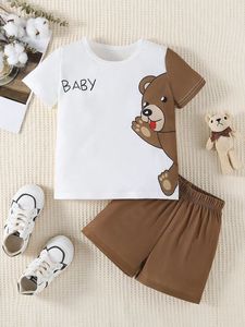 Conjunto de 2 piezas de verano para bebés, camiseta de manga corta con estampado de oso de dibujos animados y pantalones cortos - Product Image 3