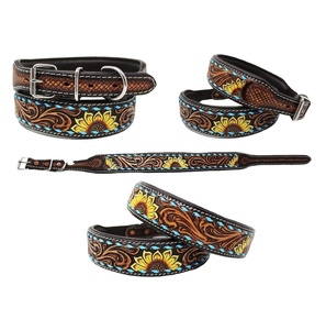 Leather Soft <b>Padded</b> Sunflower Hand Tooled Dog Collar With Hand Painting Pet Collar Cat Collar Top Supplier Manufacturer - Product Image 1