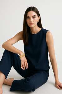 Conjunto elegante de top sin mangas y pantalones de pierna recta para mujer, poliéster, cómodo, ropa informal de oficina, venta al por mayor, indio, pakistaní - Product Image 3