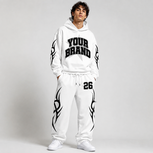Conjunto de Sudadera con Capucha Blanca Extra Grande y Pantalones Deportivos con Estampado de Llamas Tribales, Traje de Dos Piezas Estilo Urbano Unisex - Product Image 4