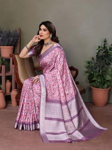 Sari indio de viscosa Khadi con estampado digital y bordes tejidos, ropa tradicional india, vestimenta étnica para bodas. - Product Image 2