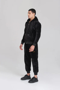 Survêtement à capuche en velours noir pour homme, fermeture éclair intégrale, poches latérales, vêtements décontractés d'hiver - Product Image 2