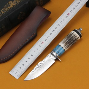 มีดสกินเนอร์เหล็กดามัสกัสแบบสั่งทำพิเศษ ด้ามเขาสัตว์ ใบมีดแบบ Fixed Blade ปลายแหลมตรง พร้อมปลอกหนัง - Product Image 1