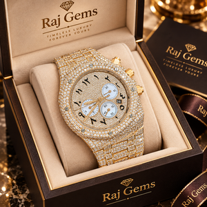 Montre chronographe à quartz analogique en or blanc Raj Gems 41 mm avec cristal saphir, fermoir caché à bouton-poussoir, bracelet de luxe pour homme, 10 bars - Product Image 1
